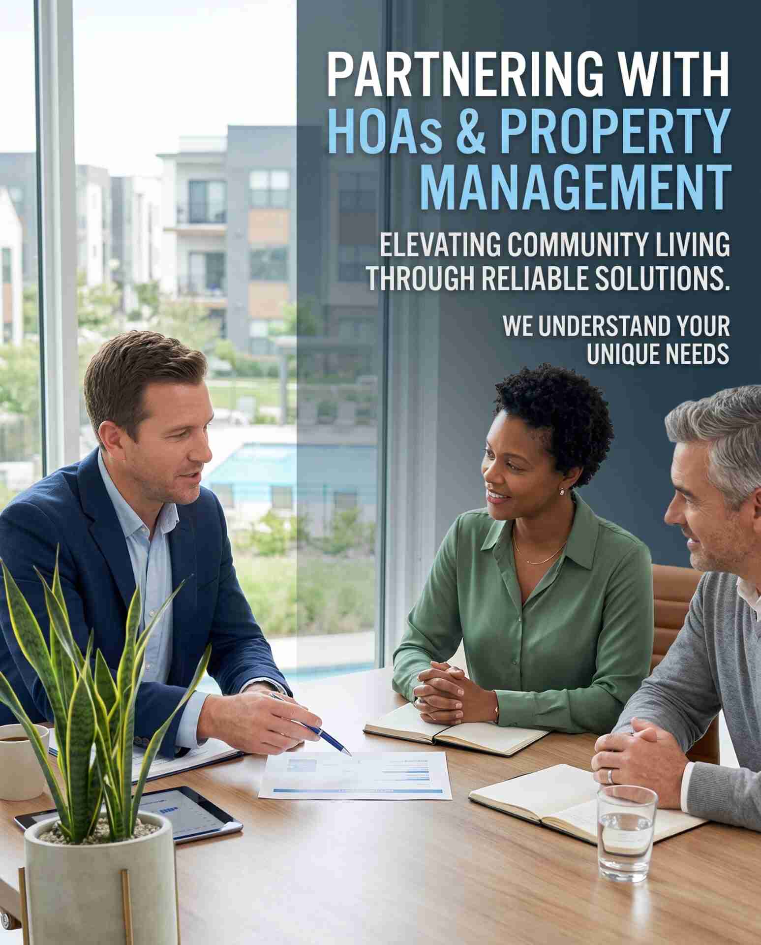 A professional meeting scene promoting our partnerships with HOAs and Property Management to elevate community living. Text overlays include: 'Partnering with HOAs & Property Management' and 'Elevating Community Living through Reliable Solutions'. This image links to our detailed HOA/Property Management service page
